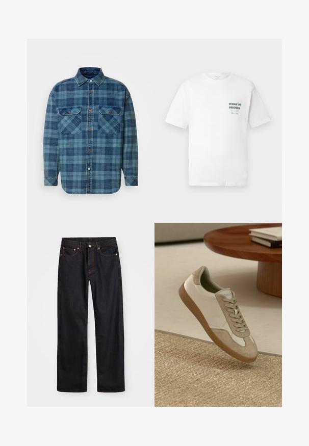 Blauwe flanellen shirt met een geruit patroon in verschillende tinten blauw, voorzien van een knoopsluiting aan de voorkant, een kraag en twee borstzakken.; Witte t-shirt met korte mouwen met kleine zwarte tekst "Studio '90 Originals" en aanvullende kleinere tekst op de linkerkant van de borst.; Heren straight-leg zwarte denim jeans met vijf zakken en oranje stiksels, knoop- en ritssluiting op de voorkant van de tailleband.; Lichte sneaker met een witte leren bovenkant en beige suède accenten, een ronde neus en een gestructureerde bruine rubberen zool.