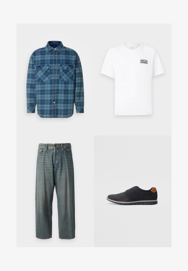 Kék flanel ing, különböző árnyalatú kék kockás mintával, gombos elülső résszel, gallérral és két mellzsebbel.; Fehér pamut póló, rövid ujjú, kerek nyakkivágással. A bal mellrészen található a fekete "JACK & JONES" feliratú logó. Egyszerű, sima dizájn.; Világoskék farmernadrág, laza fazonnal, közepes derékbőséggel és egyenes szárral. Öt zsebet, övbucskát és gombos záródást tartalmaz.; Fekete szintetikus cipők, textúrált felsőrésszel, sima díszítésekkel, barna sarkával és kontrasztos talppal. Minimális fűzéssel és varrási részletekkel rendelkezik.
