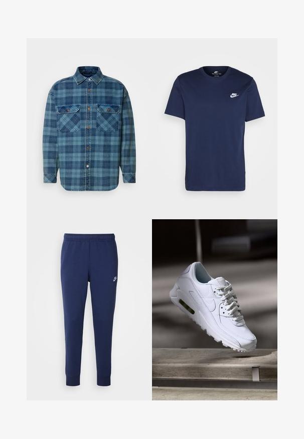 Camisa de franela azul con un patrón a cuadros en diferentes tonos de azul, con botones en la parte frontal, cuello y dos bolsillos en el pecho.; Camiseta de algodón azul marino con cuello redondo y mangas cortas. Presenta un logotipo blanco de Nike en el lado izquierdo del pecho y un dobladillo recto.; Pantalones de chándal Nike azul marino hechos de una suave mezcla de algodón, con una cintura elástica, piernas ajustadas y un pequeño logotipo blanco en el lateral.; Zapatilla blanca de piel con superficies texturizadas, cuello acolchado y amortiguación de aire visible en la suela. Presenta cordones y un diseño minimalista.