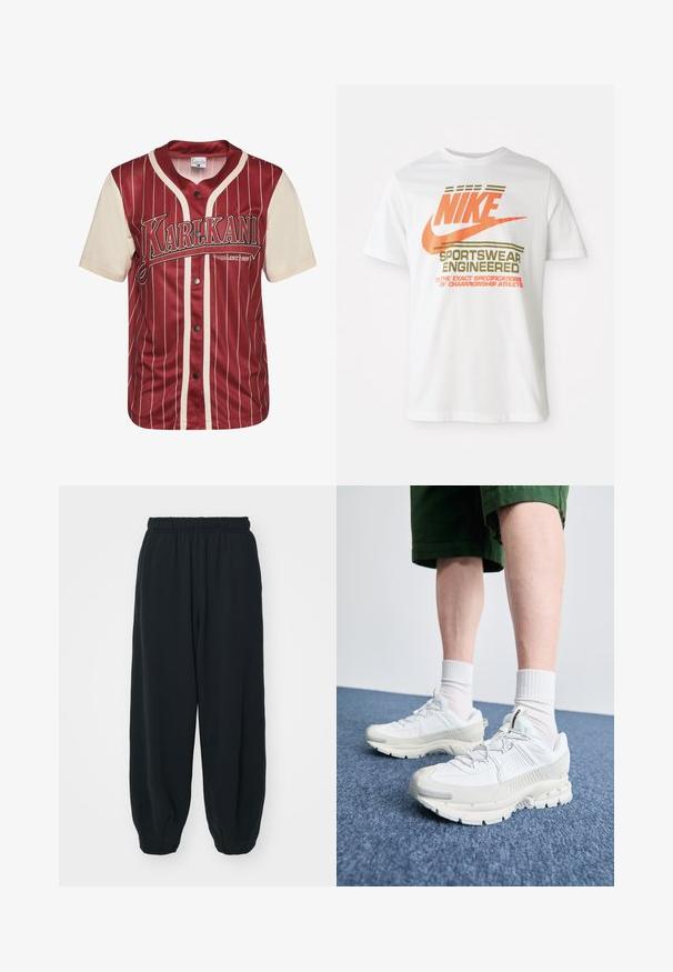 Raudonas ir kreminis džersis su vertikaliomis juostelėmis, turintis sagų užsegimą priekyje ir logotipą ant krūtinės. Pagamintas iš lygaus audinio su švelnia tekstūra.; Balta medvilninė marškinė su dideliu oranžiniu "NIKE" logotipu ir žaliais užrašais, kuriais parašyta "SPORTSWEAR ENGINEERED" bei papildomomis specifikacijomis.; Juodi, su elastiniu juosmeniu sportiniai kelnės su laisvu siluetu, suapvalintais kulkšnimis, lygia tekstūra ir be matomų raštų ar metalinių akcentų.; Baltos sportinės bateliai su tekstūruotais uždengimais, masyviu padu ir pilkais akcentais. Dėvimi su baltais trumpais kojiniais ir žaliais šortais mėlyname paviršiuje.