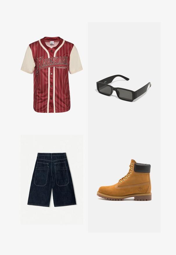 Czerwono-kremowy sweter z pionowymi paskami, z zapięciem na guziki z przodu i logo na piersi. Wykonany z gładkiego materiału o miękkiej teksturze.; Granatowe szorty dżinsowe o luźnym kroju, z dwoma tylnymi kieszeniami, kontrastowym przeszyciem i prostym krojem nogawki.; Beżowe zamszowe botki sięgające kostki z czarną wyściełaną krawędzią, złotymi oczkami, białymi detalami szycia oraz wytrzymałą gumową podeszwą z wyraźnym bieżnikiem.; Czarne okulary przeciwsłoneczne z prostokątnymi soczewkami, matowa plastikowa oprawka i proste krawędzie. Posiadają logo marki na wewnętrznej stronie ramienia.