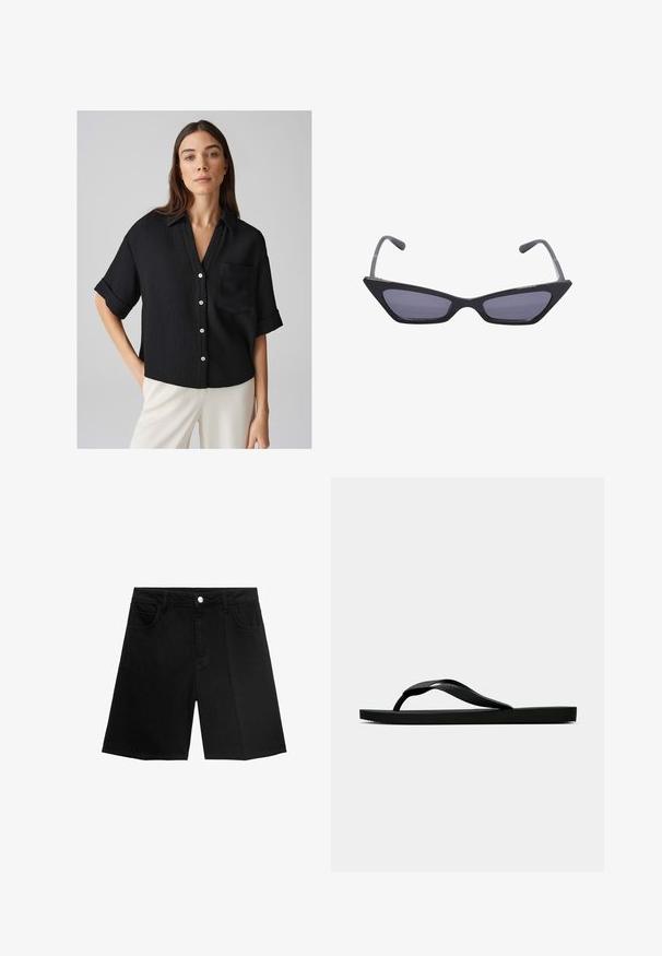 Camicia nera a maniche corte in tessuto a coste, con chiusura a bottoni e taschino applicato. La camicia ha un taglio comodo e maniche arrotolate.; Shorts in denim nero con taglio dritto, cinque tasche e chiusura con bottone argentato. Texture liscia con dettagli di cucitura minimi.; Infradito in gomma nera con cinturino testurizzato e suola piatta semplice, mostrati di lato su uno sfondo chiaro e uniforme.; Occhiali da sole neri angolari con lenti grigie a tonalità sfumata, caratterizzati da bordi netti e tempie sottili. Il design include una finitura lucida.