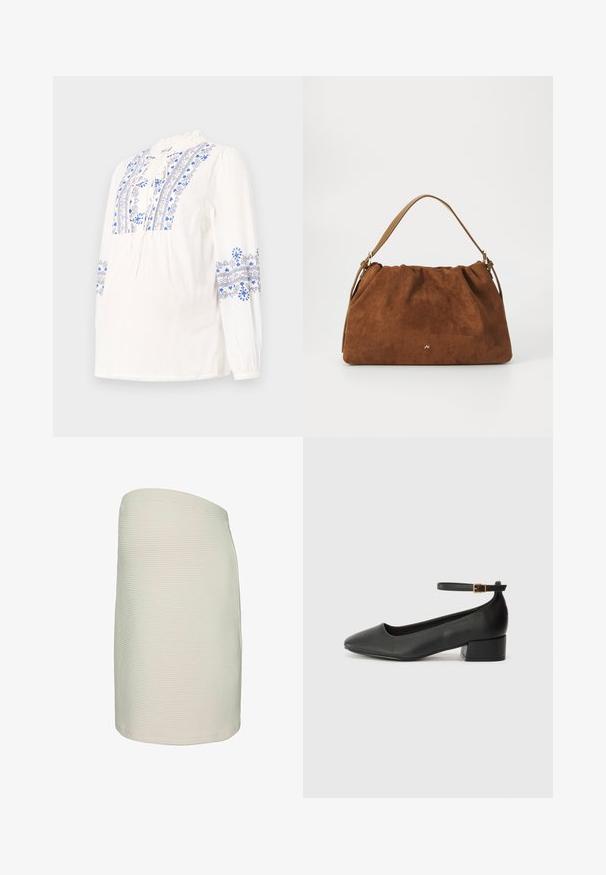 Valge pikade varrukatega pluus, millel on sinised tikitud lillemustrid kehaosas ja varrukatel. Sisaldab sidumist kaeluses ja volange mansetiga.; Kreemikaalune, sooniline, asümmeetriline ilma rihmadeta midi kleit, millel on sobiv siluett valgel taustal.; Must mustaapp, millel on terav nina ja madal blokk-kand. Omab pahkluu rihma koos kuldse tooni pandlaga. Sile tekstuur.; Pruun nubukist käekott, millel on kokku tõmmatud disain, ühesaanvärvilise naha rihmaga ja esiküljel peen kuldne logo detail.