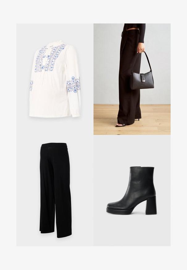 Blusa bianca a maniche lunghe con motivi floreali ricamati in blu sul busto e sulle maniche. Include un nastro al collo e polsini arricciati.; Pantaloni neri a gamba larga con vita elasticizzata e una texture liscia e elastica. Presentano un design semplice, senza fantasie o decorazioni.; Stivale alla caviglia in pelle nera con tacco a blocco e suola platform, visto di lato su uno sfondo bianco uniforme.; Borsa nera con forma strutturata, texture liscia e una chiusura metallica. Abbinata a pantaloni neri larghi e sandali open-toe su un pavimento in legno.