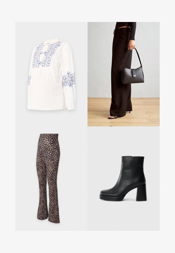 Fehér, hosszú ujjú blúz, amelynek az elején és az ujjain kék hímzett virágminták találhatók. A nyakán kötővel és redőzött mandzsettákkal rendelkezik.; Leopárd mintás, bővülő lábú leggings, magas derékkal. Rugalmasságot biztosító anyagból készült, bézs alapon fekete foltos mintázattal.; Fekete bőr bokacsizma tömbsarkal és platform talppal, oldalról nézve, sima fehér háttéren.; Fekete kézi táska strukturált formával, sima textúrával és fémből készült záródással. Széles fekete nadrággal és nyitott orrú szandállal párosítva, fából készült padlón.