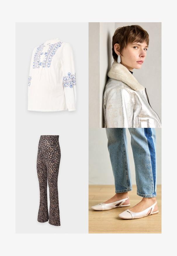 Weißes Langarmbluse mit blauen gestickten Blumenmustern auf dem Oberteil und den Ärmeln. Mit einer Schleife am Ausschnitt und gerafften Bündchen.; Leggings mit Leopardenmuster, weit geschnitten und mit hohem Bund. Hergestellt aus dehnbarem Stoff, mit einem beigefarbenen Grundton und schwarzen Flecken.; Blassrosa Slingback-Ballerinas mit spitzem Punkt, aus einem glatten, lederähnlichen Material. Mit Ausschnitten an den Seiten und einem flachen Absatz.; Silberne metallische Lederjacke mit Schaffellkragen, mit Reißverschluss und strukturiertem Oberflächen. Große Tropfenohrringe mit klaren Edelsteinen.