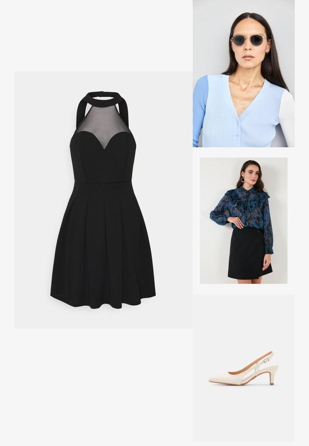 Blusa azul con estampado, volantes y puños abotonados, combinada con una falda envolvente negra que presenta dos botones en un lado.; Vestido negro con escote halter y panel de malla. Presenta un escote en forma de corazón, falda plisada y corsé ajustado. Textura del tejido suave.; Zapato de tacón de tirantes blanco con punta afilada, material superior liso, tacón bajo y diseño con corte lateral con correa ajustable.; Gafas de sol redondas con lentes oscuros y montura dorada. El modelo lleva un cárdigan de canalé azul claro con botones y mangas blancas en contraste.; Monedero de muñeca Michael Kors en lona recubierta beige que presenta un patrón repetido del logo MK, herrajes dorados y una correa de cadena desmontable.