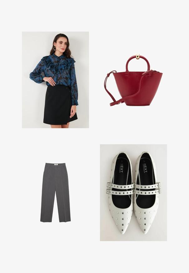 Blaue, gemusterte Bluse mit Rüschen und Knopfmanschetten, kombiniert mit einem schwarzen Wickelrock, der auf der Seite zwei Knöpfe hat.; Graue gerade geschnittene Hose aus strukturiertem Stoff, mit mittelhohem Bund, Gürtelschlaufen und Seitentaschen. Keine sichtbaren Muster oder Akzente.; Weiße Lederflachschuhe mit spitzen Zehen, ausgestattet mit silbernen Nieten und zwei Riemen mit Schnallen über dem Spann. Schwarze Innenausstattung.; Rote Lederhandtasche mit abgerundetem Oberteil, strukturierter Kegelform, einem kurzen Henkel und einem abnehmbaren Schultergurt. Verfügt über Akzente aus goldfarbener Hardware.