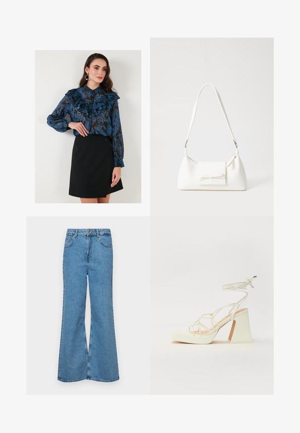 Blusa azul con estampado, volantes y puños abotonados, combinada con una falda envolvente negra que presenta dos botones en un lado.; Jeans acampanados de color azul claro hechos de denim, con una cintura alta, cinco bolsillos y un cierre de botón. Textura suave con acabado desgastado.; Sandalia de tacón alto blanca con un tacón grueso, que presenta un diseño de tiras y un lazo en el tobillo. Textura suave con una plataforma en la parte delantera para mayor altura.; Bolso sintético blanco con forma triangular, tapa frontal plana y detalle de lazo, correa ajustable, textura suave y diseño minimalista.
