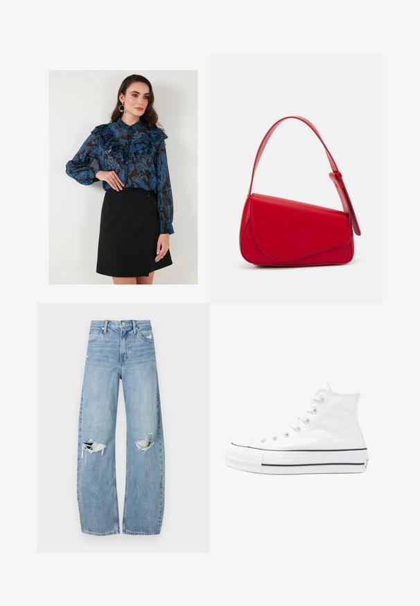 Bluză albastră cu model, cu volane și manșete cu nasturi, asociată cu o fustă neagră înfășurată, având două nasturi pe lateral.; Jeans de denim, de un bleu deschis, cu talie înaltă. Au picioare late, două zone rupte la genunchi și un stil clasic cu cinci buzunare.; Adidași albi tip pantofi sport cu glezna din pânză, cu talpă din cauciuc negru, capac de vârf din cauciuc frontal și șase ochiuri pentru șireturi, având un design curat și minimalist.; Geantă de mână din piele roșie, cu un design unghiular și geometric. Dispune de o singură curea ajustabilă și un sistem de închidere cu clapetă, cu detalii cusute.