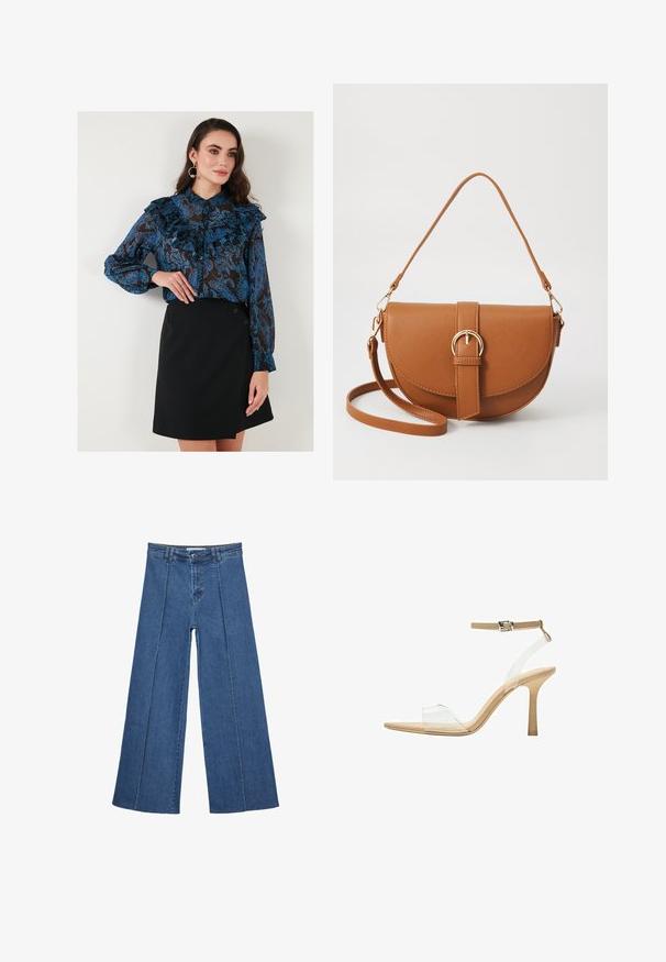 Blåblomstret blouse med flæser og knapmanchetter, parret med en sort omslagsnederdel med to knapper på siden.; Bredde ben denim jeans i mellemblå, med høj talje, knaplukning og kontrasterende lodrette sømdetaljer foran.; Klart hælet sandal med en gennemsigtig overdel, beige fodseng og en slank ankelrem. Har en spids tå og en tynd høj hæl.; Brun læder crossbody taske med en buet form, guldfarvet hardware og en spændeaccent. Har en aftagelig skulderrem.