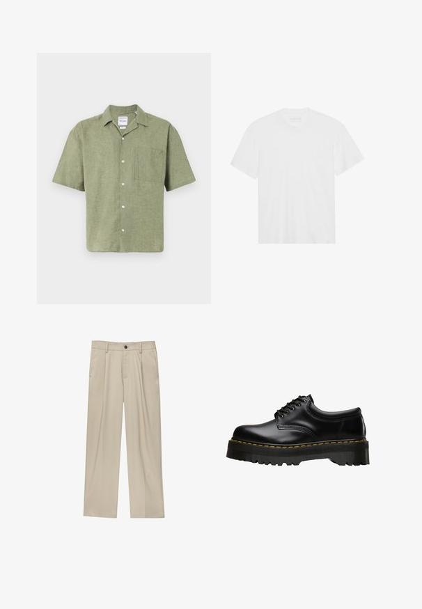 Camicia in lino verde oliva a maniche corte con colletto, chiusura frontale con bottoni e tasca sul petto. Tessuto strutturato con una finitura naturale.; T-shirt bianco in cotone con maniche corte, scollatura a girocollo e orlo dritto. Tessuto liscio, design minimalista senza motivi o dettagli.; Pantaloni beige a taglio dritto, con un solo bottone nero, passanti per la cintura e tasche laterali. Tessuto dalla texture liscia e design minimale.; Scarpa nera in pelle con lacci, dotata di una soletta in gomma nera spessa e seghettata e cuciture gialle lungo il bordo, con una finitura liscia.