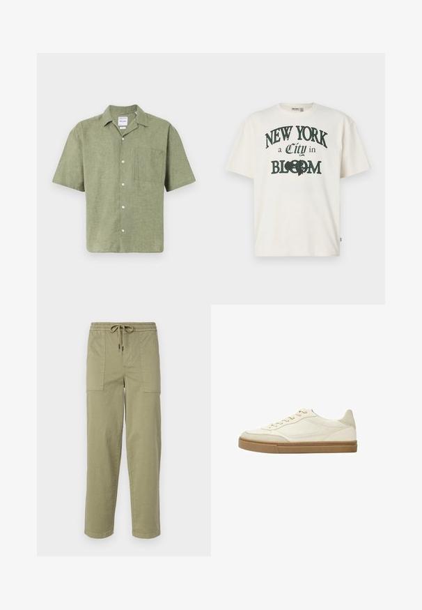 Rövid ujjú olajzöld vászon ing, nyakkal, elől gombos záródással és egy mellzsebbel. Texturált anyag természetes felülettel.; Krémszínű, rövid ujjú pamut póló, amelyen sötétzöld nyomtatott felirat olvasható: "NEW YORK egy virágzó város".; Világos olíva zöld színű, pamut keverékből készült nadrág, rugalmas derékrésszel és zsinórral, valamint két nagy oldalzsebbel.; Fehér bőr alacsony szárú sportcipő bézs részletekkel és texturált gumitalpával. Jellemzője a színben harmonizáló varrás és a lekerekített orrforma.