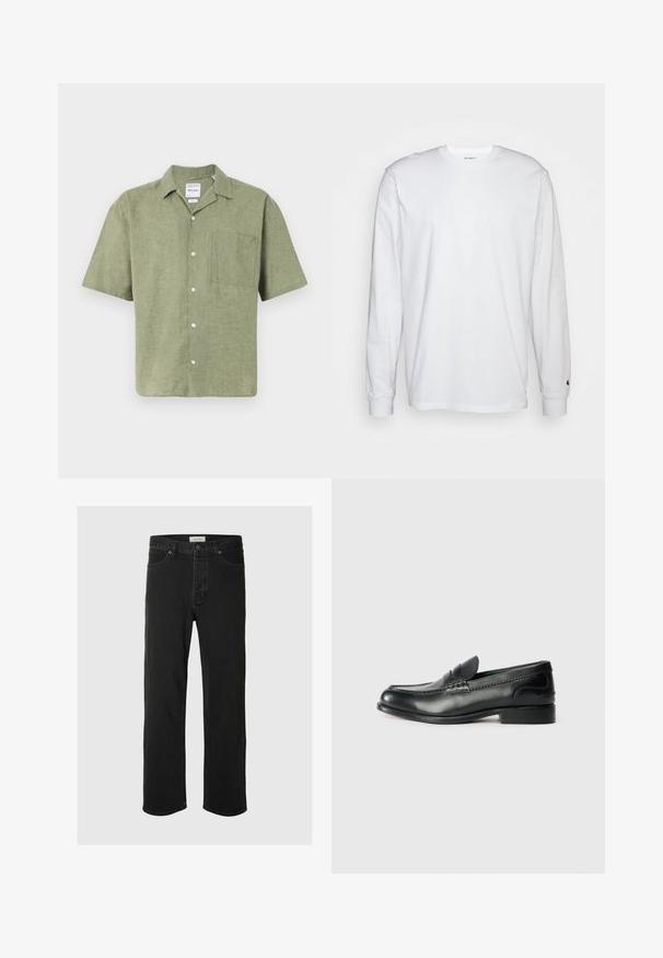 Kurzärmliges olivgrünes Leinenhemd mit Kragen, frontaler Knopfverschluss und einer Brusttasche. Strukturierter Stoff mit natürlichem Finish.; Weißes Langarm-T-Shirt aus Baumwolle. Rundhals-Design mit gerippten Bündchen und kleinem Logo auf dem linken Ärmel. Glatte Textur.; Schwarze Denim-Jeans im Straight-Leg-Schnitt verfügen über ein klassisches Fünf-Taschen-Design mit Knopfverschluss, minimaler Naht und einer weichen Textur.; Schwarze Lederloafers mit glatter Oberfläche, gesteppten Details über dem Vorderblatt und einem leicht erhöhten Absatz.