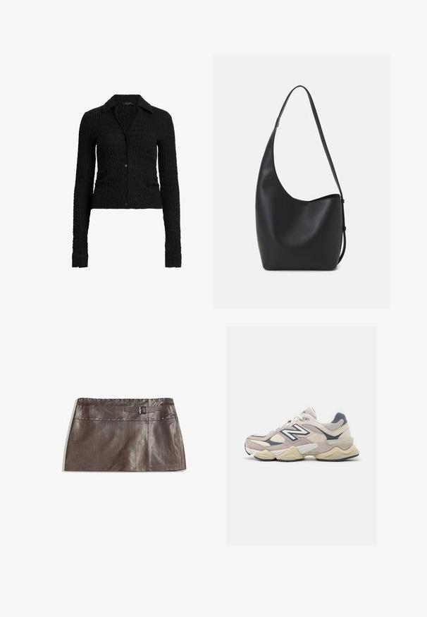Sort, langærmet skjorte med knaplukning og et struktureret bølgemønster, der har krave og tætsiddende design. Lavet af et ribbet materiale.; Brun læder mini nederdel med en nittet talje og en bælteløjfe med spænde, glat tekstur og slankt, lige design.; Lyserøde og beige sneakers med mesh- og suede-materialer. Har et hvidt logo, teksturerede overflader og en polstret sål. Rundet form.; Sort læder hobo taske med en glat overflade, buet form og en enkelt justerbar rem; har en bred åbning øverst.