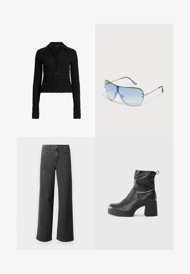Camisa negra de manga larga con botones, con un patrón de ondas texturizadas, que presenta un cuello y un diseño ajustado. Hecha de un material acanalado.; Jeans de pierna ancha en denim gris oscuro, con una sutil textura de patrón de cebra, costuras en contraste y un diseño de cinco bolsillos con cierre de botón.; Botines negros de tobillo, hechos de cuero suave, con cierre lateral, tacón grueso texturizado y diseño de punta redondeada.; Gafas de sol tipo aviador con lentes azul degradado, montura de metal plateado y acentos decorativos de estrellas en los lentes. Diseño suave y elegante.