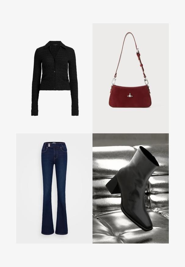 Zwarte, lange mouw blouse met een textuur van golven, voorzien van een kraag en een getailleerd ontwerp. Gemaakt van ribbelmateriaal.; Donkerblauwe uitlopende jeans met een hoge taille, twee voorzakken en twee knoopsluitingen. Gemaakt van denim met een zachte textuur.; Zwarte enkellaarsjes van glanzend materiaal met een vierkante neus en taps toelopende hak, afgezet tegen een glanzende zilveren gecapitonneerde achtergrond.; Rode suède schoudertas met een gebogen vorm. Voorzien van een zilverkleurig accent en een verstelbare band met hardware-details. Gladde textuur.