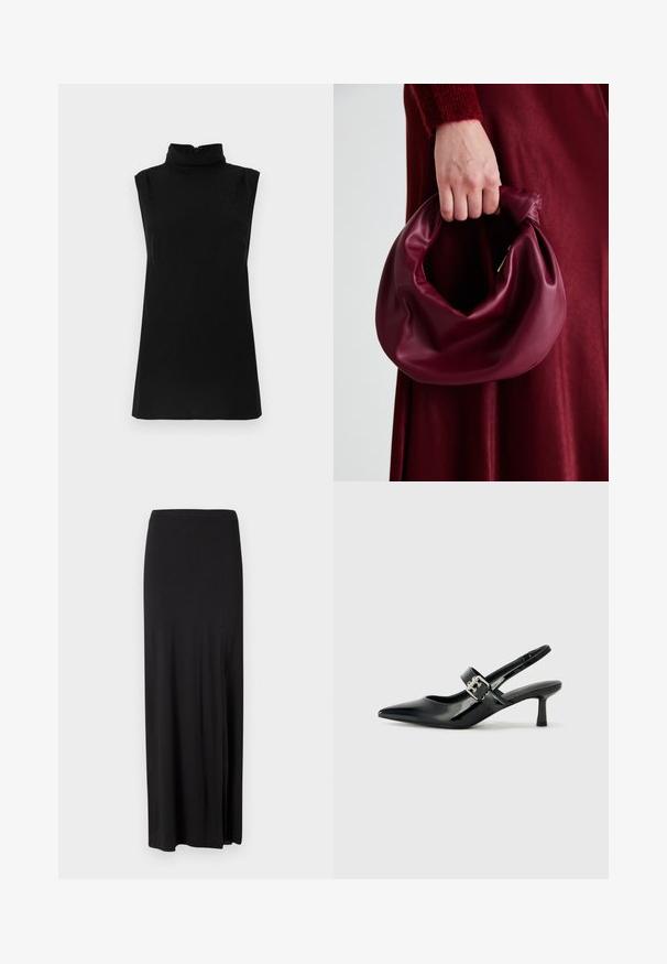 Črni top brez rokavov z imitacijo visokega ovratnika in subtilnim teksturiranim vzorcem, izdelan iz mehke tkanine z zadnjim zadrgo.; Črna maxi krila iz mehkega, raztegljivega materiala. Ima stranski razporek in enostaven, poenostavljen dizajn brez okrasnih elementov.; Črne patent usnjene slingback pete s koničastim nosom in majhnim blok peto, ki vključujejo srebrno zaponko na traku.; Bordo usnjeni ročni torbici s mehak, nabrana zasnova in okrogla oblika. Ročaj je varen in prikazuje gladko teksturo.