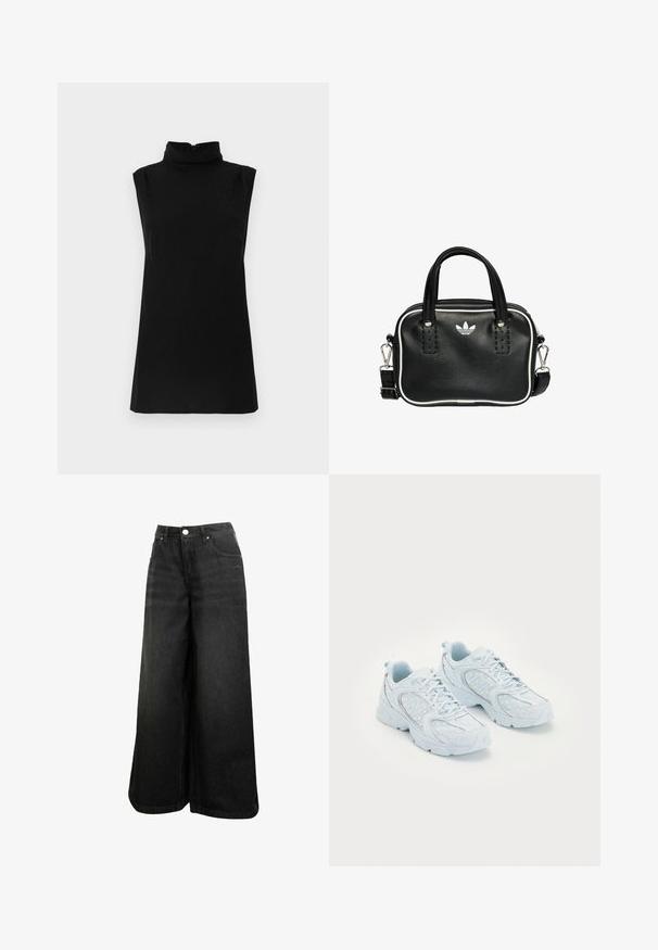 Čierny tielkový top s imitáciou stojatého goliera a jemným textúrovaným vzorom, vyrobený z mäkkej látky so zipsom na chrbte.; Čierne široké rifľové nohavice s vysokým pásom, predným gombíkom, vreckami a subtilným logom na prednom vrecku.; Svetlo modré športové topánky s sieťovinovým a syntetickým zvrškom, s bielymi bodkami a reflexnými prvkami, so šnurovaním a polstrovanou podrážkou.; Čierna kožená kabelka s dvoma krátkymi držadlami, striebornými kovovými doplnkami, bielymi akcentmi a bielym logom. Vyznačuje sa textúrovaným povrchom a kompaktným dizajnom.