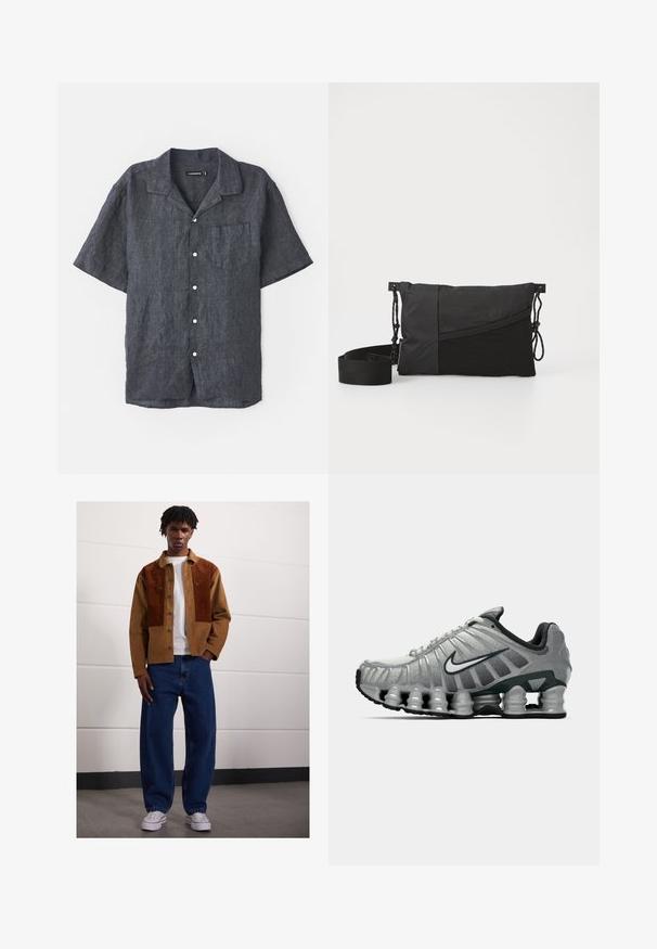 Rövidujjú, sötétszürke vászon ing, laza gallérral, elülső zsebből és fehér gombokkal. Simaság jellemzi, finom szövetváltozatokkal.; Fehér pamut ujjatlan felső kerek nyakkivágással, széles vállpántokkal és egyenes szegéllyel, sima textúrával, látható minták nélkül.; Férfi áll bent egy barna kordbársony dzsekiben rozsdás foltokkal, fehér pólóban, laza kék farmerben és fehér sportcipőben.; Szürke és fekete Nike futócipő, látható rugós párnázással a talp alatt és fehér swoosh logóval az oldalon.; Fekete válltáska texturált anyagból, átlós mintával, állítható pánttal és oldalsó zsinórzárakkal.