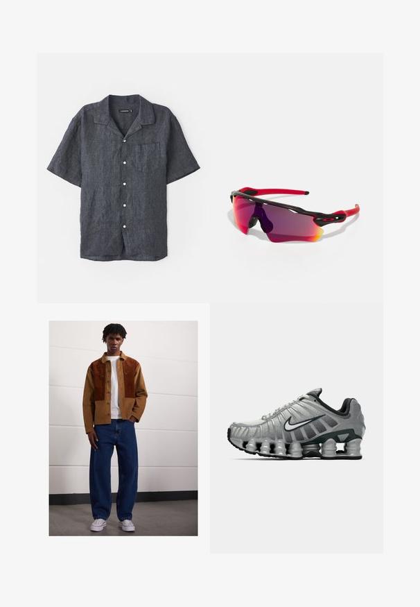 Rövidujjú, sötétszürke vászon ing, laza gallérral, elülső zsebből és fehér gombokkal. Simaság jellemzi, finom szövetváltozatokkal.; Fehér pamut ujjatlan felső kerek nyakkivágással, széles vállpántokkal és egyenes szegéllyel, sima textúrával, látható minták nélkül.; Férfi áll bent egy barna kordbársony dzsekiben rozsdás foltokkal, fehér pólóban, laza kék farmerben és fehér sportcipőben.; Szürke és fekete Nike futócipő, látható rugós párnázással a talp alatt és fehér swoosh logóval az oldalon.; Oakley RADAR PATH UNISEX - Napszemüvegek - 100t matte black; Fekete válltáska texturált anyagból, átlós mintával, állítható pánttal és oldalsó zsinórzárakkal.