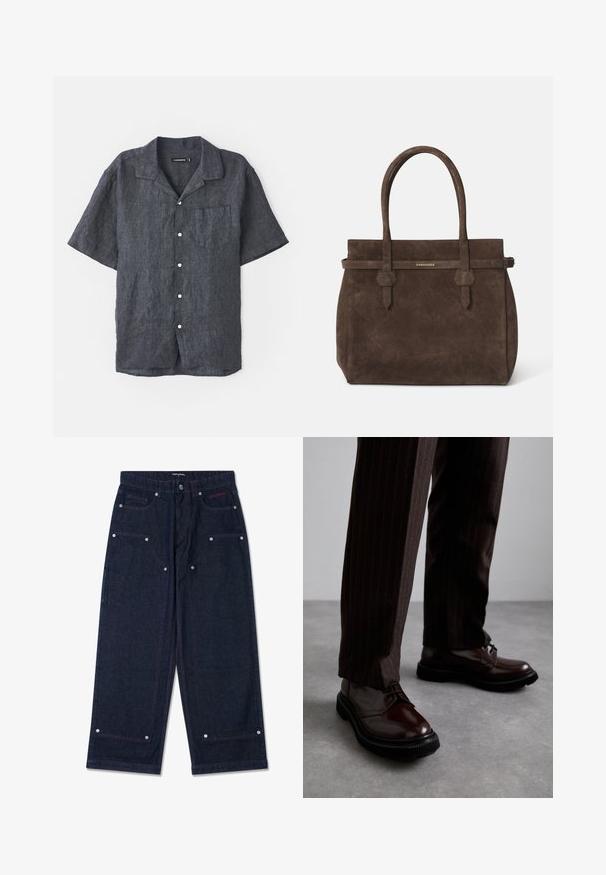 Trumpas rankovėmis, anglies spalvos lino marškiniai su laisvu apykakle, priekinė kišenė ir balti mygtukai. Lygus paviršius su subtiliais audinio variantais.; Balti medvilninė be rankovių marškinėliai su apvaliu iškirpimu, pasižymintys lygiu tekstūru ir prigludusia forma, skirti kasdieniam dėvėjimui.; Tamsaus džinsinio audinio plačios kojos kelnės su dviem priekinėmis kišenėmis, sidabriniais detalių akcentais ir kontrastinga raudona siūle. Sukurtos su mygtukų uždarymu ir prekės ženklo logotipu.; Rudos odinės bateliai su raišteliais, blizgiu paviršiumi, juoda gumine absorbcija ir subtilia siūle. Dėvimi su rudos spalvos dryžuotomis kelnių.; Tamsiai ruda zomšinė rankinė su dviem rankenomis ir horizontaliu diržu, kuriame yra mažas auksinis DSQUARED2 logotipo ženklelis.