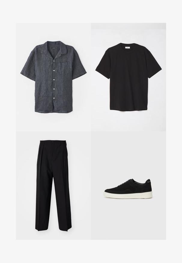 Košile s krátkým rukávem z antracitového lnu s uvolněným límcem, přední kapsou a bílými knoflíky. Hladká textura s jemnými variacemi tkaniny.; Černé bavlněné tričko s kulatým výstřihem, krátkými rukávy a volným střihem. Jednoduchý design, hladká textura a žádné viditelné vzory či loga.; Černé skládací kalhoty s rovnými, širokými nohavicemi. Vyrobené z hladké tkaniny, se zapínáním na knoflík a poutky na opasek.; Černé semišové tenisky s krajkovým designem a kontrastní bílou gumovou podrážkou. Obsahují texturované boční panely a jemné branding na patě.