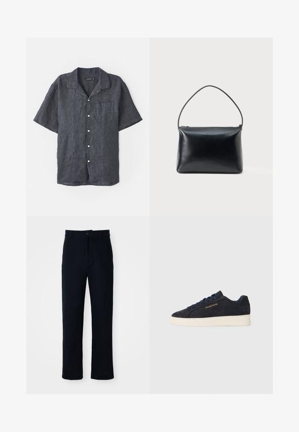 Trumpas rankovėmis, anglies spalvos lino marškiniai su laisvu apykakle, priekinė kišenė ir balti mygtukai. Lygus paviršius su subtiliais audinio variantais.; Tamsiai mėlynos medvilninės kelnės, turinčios tiesioginį kirpimą, priekyje užsegamos mygtuku ir klasikine juosta su dirželio kilpom.; Tamsiai mėlynos zomšos žemos batai su balta siaura, tamsiai mėlynais raišteliais ir auksiniu logotipu „Filling Pieces“ šone.; Juodas lygaus odos rankinės su viena išlenkta rankena ir užtrauktuku viršuje, rodoma prieš paprastą baltą foną.