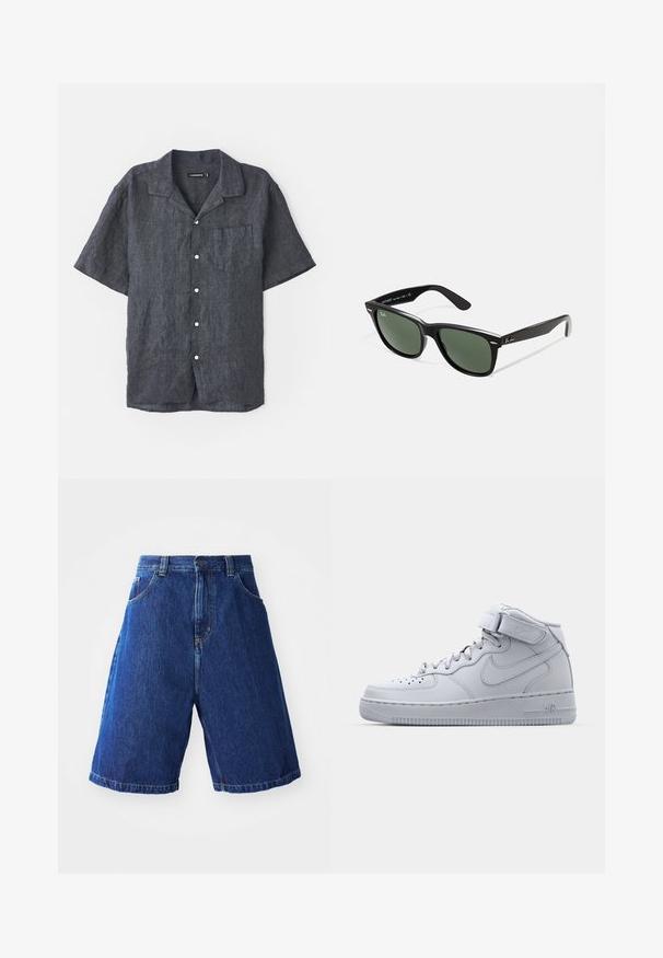 Cămașă din in, cu mânecă scurtă, de culoare cărbune, cu un guler relaxat, buzunar frontal și nasturi albi. Textură netedă cu variații subtile ale materialului.; Șorturi din denim cu o spălare albastră, având talie înaltă, două buzunare frontale și cusături galbene pe margini.; Adidași înalți gri Nike Air Force 1, cu partea superioară din piele, guler căptușit și o curea Velcro. Designul iconic include o cutie a vârfului perforată.; Ochelari de soare din plastic negru cu lentile verzi, rame pătrate, accent argintiu pe sprânceană și brațe texturate. Marca este menționată pe brațul interior.