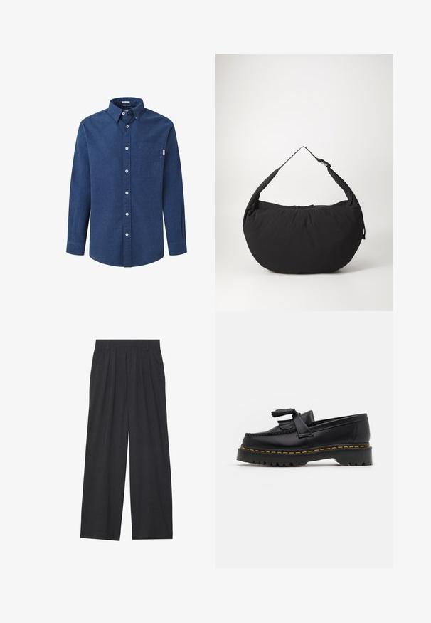 Camicetta button-down blu scuro realizzata in un tessuto testurizzato. Presenta un colletto, maniche lunghe, tasca frontale e dettagli con bottoni bianchi.; Pantaloni a gamba larga realizzati in tessuto grigio scuro. Presentano pences in vita, un design sartoriale e una silhouette dritta.; Mocassino in pelle nera con un'accento a frange, dotato di una suola nera spessa e cuciture gialle lungo il bordo. Finitura testurizzata.; Borsa a spalla in tessuto nero con forma curva, dotata di una sola tracolla e chiusura con zip. Texture morbida, design minimalista.