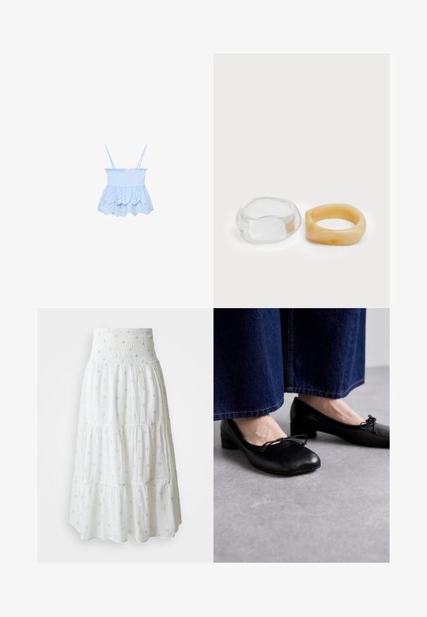 Niebieska bezrękawnikowa bluzka z marszczonym korpusem i warstwowym dołem z falbaną, z detalami w postaci oczek. Lekki materiał o miękkiej strukturze.; Biała spódnica warstwowa z marszczonym pasem i jasnoniebieskimi wzorami dekoracyjnymi na całej powierzchni. Wykonana z miękkiego, lekkiego materiału.; Czarne skórzane buty z kwadratowym noskiem i małym obcasem, z dekoracyjną kokardą z przodu. Noszone z ciemnoniebieskimi spodniami dżinsowymi.; Jasne i bursztynowe pierścionki z żywicy, jeden gładki i przezroczysty, drugi z teksturowanym, bursztynowym wykończeniem. Oba mają zaokrąglone, masywne kształty.