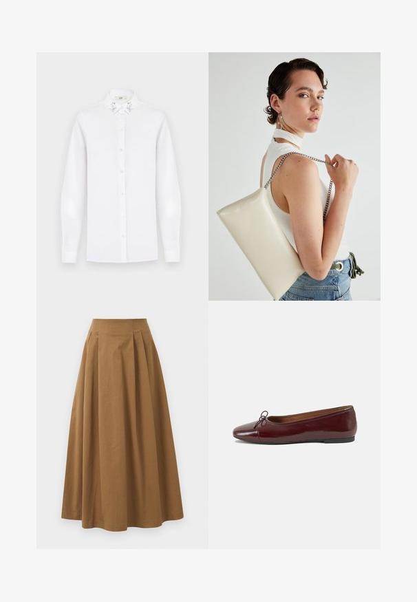 Bílá košile s dlouhým rukávem a klopovým límcem, která má stříbrné flitry po stranách.; Hnědá bavlněná sukně ve stylu A s vysokým pasem, se sklady na přední straně a hladkou texturou. Lemování je čisté a jednoduché.; Burgundské lakové baleríny s kulatou špičkou, malou mašlí vpředu a nízkou černou gumovou podrážkou. Hladký povrch.; Bílá obdélníková psaníčko vyrobené z lesklého materiálu, se stříbrným řetízkovým popruhem. Modelka pózuje a předvádí tašku na jednobarevném pozadí.