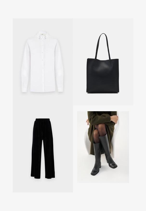 White long-sleeve button-up shirt with pointed collar featuring silver sequin embellishments on each side.; Black wide-leg trousers made of soft velvet, featuring an elastic waistband and a smooth texture, with no visible detailing or patterns.; Knee-high black leather boots with a squared toe and block heel, shown with a model seated in an olive green coat. Smooth texture, minimal detailing.; Black leather tote bag with smooth texture, rectangular shape, and two long handles. No visible hardware or embellishments.
