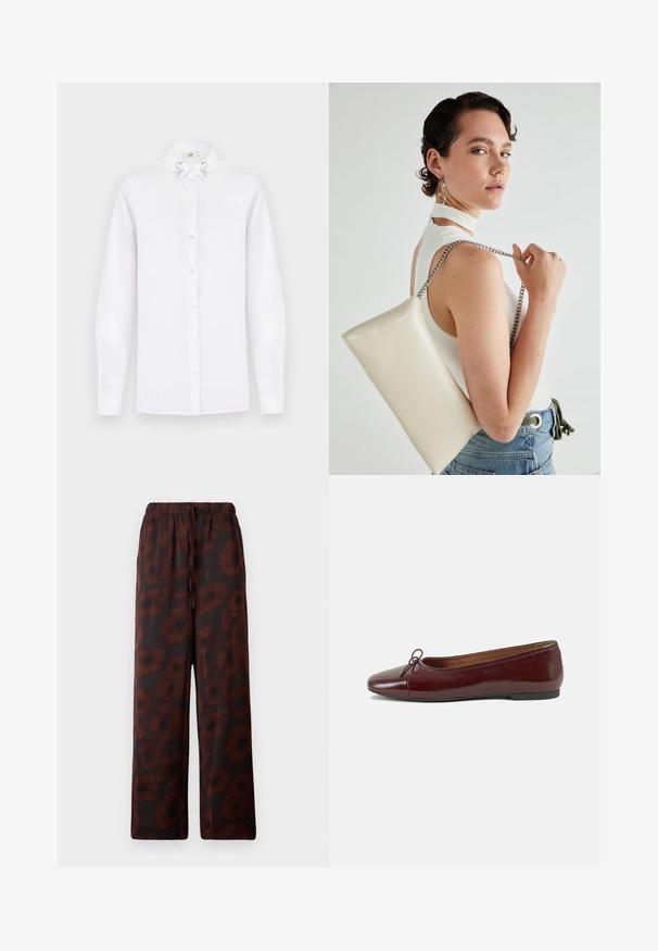 Balta ilgomis rankovėmis marškiniai su aštriu apykakle, kuriuose iš abiejų pusių yra sidabriniai blizgučiai.; Minkštos audinio plačios kelnės su elastinga juosmeniu ir tamsiai raudonu gėlių raštu juodame fone, su raišteliu.; Bordo lakiotos odos baleto bateliai su apvalia nosimi, maža kaspinėlio akcentu priekyje ir žema juoda guma padanga. Lygi tekstūra.; Balta, stačiakampio formos rankinė pagaminta iš blizgaus medžiagos, su sidabriniu virvute. Modelis pozavo, demonstruodamas rankinę prieš paprastą foną.