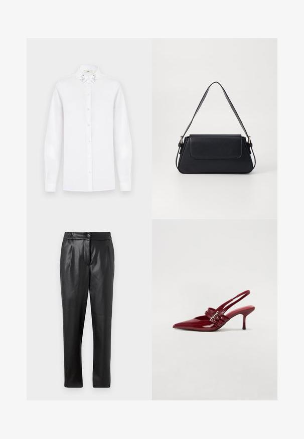 Valge pika varrukaga nööbiga särk terava kraega, millel on hõbedased litrid igal küljel.; Mustad nahkpüksid, millel on sile tekstuur, sirge lõige, elastne vöökoht ja esine nupuga sulgemine; volditud detailid ja kitsenevad sääred.; Punased lakknahast slingback kontsad, millel on terav varvas, kaks luku rihma ja saledat, keskmise kõrgusega stiletto kontsad. Sile tekstuur.; Mustast nahkvarustus, millel on ristkülikukujuline kuju, lame sulgemine ja üks õlavarre rihm. Omab siledat tekstuuri ja minimaalseid tapeete.