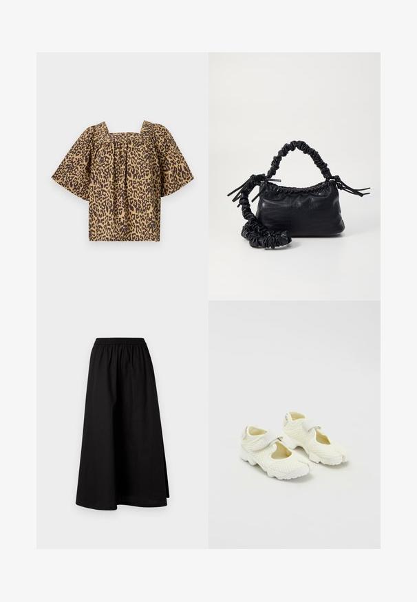 Tielko s leopardím vzorom so štvorcovým výstrihom, krátkymi širokými rukávmi a zhromaždenými detailmi. Vyrobené z ľahkej látky v hnedých a pieskových farbách.; Čierna sukňa po kolená vyrobená z ľahkého materiálu s elastickým pásom a uvoľneným A-liniovým strihom. Neobsahuje žiadne viditeľné vzory.; Biele sieťované topánky so štruktúrovaným dizajnom, vybavené suchým zipsom a vyrezávanými stranami, textúrovanou látkou a masívnou podrážkou.; Čierna umelá kožená kabelka s kroko vzorom, sťahovaným vrchom a zhnutým popruhom. Vyzerá mäkko a kompaktné v dizajne.