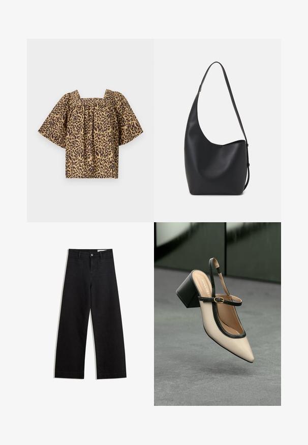 Leopardenmuster-Oberteil mit quadratischem Ausschnitt, kurzen weiten Ärmeln und gerafften Details. Aus leichtem Stoff in braunen und sandfarbenen Tönen gefertigt.; Schwarze weit geschnittene Jeans mit hoher Taille, ausgestattet mit Vorder- und Hintertaschen, gesteppten Nähten und einem Knopfverschluss. Glatte Textur.; Beige Slingback-Schuh mit spitzer Zehenpartie, schwarzer Umrandung, goldener Schnalle und dicker Blockabsatz auf grauem Boden vor dunklem grünen Hintergrund.; Schwarze Leder-Hobo-Tasche mit einer glatten Textur, geschwungener Form und einem einzelnen verstellbaren Tragegurt; verfügt über eine weite Öffnung am oberen Ende.