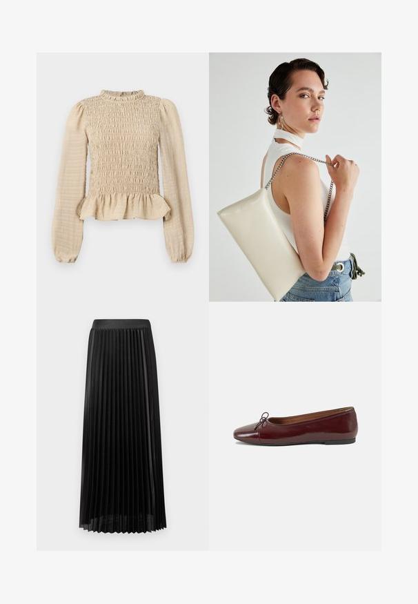 Krémový dlhý rukáv top s naťahovaným korpusom, riaseným golierom a peplum lemom. Vyrobený z textúrovanej tkaniny s jemným povrchom.; Záhybová čierna sukňa s hladkým pásom, vyrobená z ľahkého materiálu. Obsahuje ostré vertikálne záhyby a dizajn do polovice lýtok.; Burgundské lakované balerínky s okrúhlou špičkou, malou mašľou na prednej strane a nízkou čiernou gumovou podrážkou. Hladký povrch.; Biely obdĺžnikový kabelka z lesklého materiálu s strieborným reťazovým popruhom. Model predvádza kabelku na jednotnom pozadí.