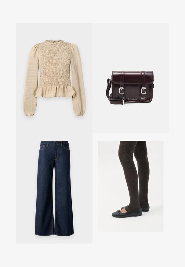 Krèmefarget langermet topp med smocket bodice, volangkrage og peplum nederst. Laget av teksturert stoff med en myk finish.; Vide benbukser i mørkeblå denim. Har kontrastsøm, fem lommer og en knaplukning i taljen. Glat tekstur.; Sorte flate sko med en liten sløyfedetalj på tåen, kombinert med mørkebrune ribbede strømpebukser. Skoene har en glatt overflate og lav profil.; Burgunderfarget patentlær crossover-veske med rektangulær form, to stropper, sølvfarget hardware og klaffelukking.