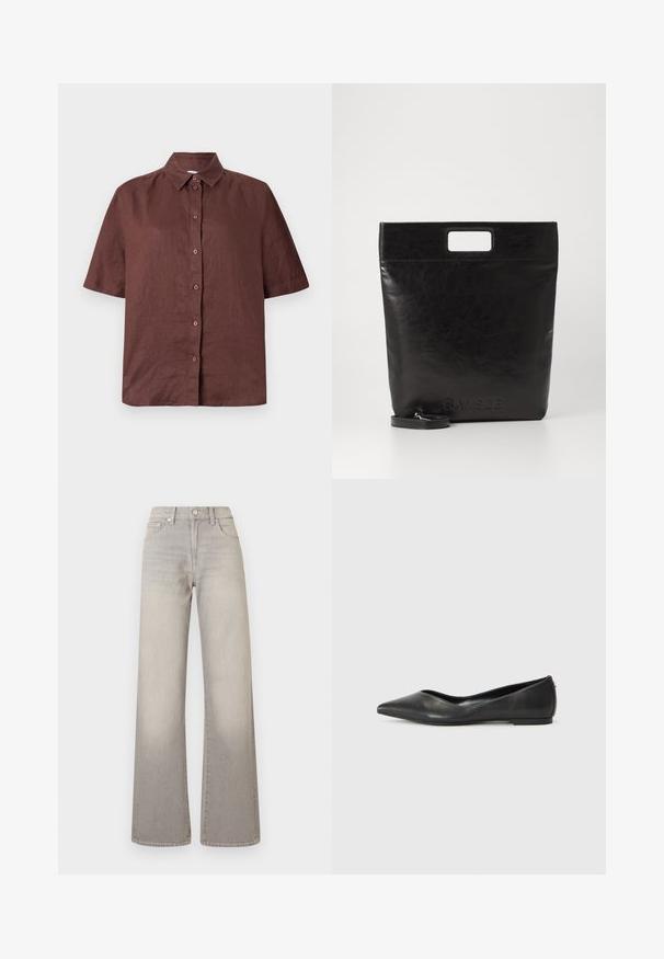 Rjava kratka srajca z gumbi, izdelana iz lahkega blaga. Ima ovratnik in ravno spodnje robove ter sproščen kroj.; Sive široke jeans hlače z utonulim zaključkom, z gumbom za zapiranje, petimi žepi in šiviljskim detajlom ob šivih.; Črne usnjene balerinke s koničastim noskom, nizko peto in gladko teksturo. Minimalističen dizajn s subtilnim stranskim naglasom.; Črna usnjena torba s kvadratnim ročajem, ki ima teksturirano obdelavo in vtisnjen logotip. Vključuje odstranljiv trak.