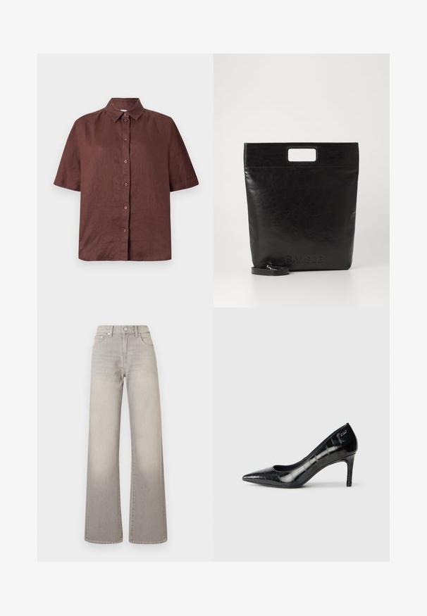 Brun kortermet skjorte med knapper laget av lett stoff. Har krage og rett fald med en avslappet passform.; Grå vide ben jeans med en falmet finish, knaplukning, fem-lomme design og stikninger langs sømmen.; Sorte spisse høye hæler med en blank finish og et subtilt teksturmønster. Har en moderat hæl og åpen halsdesign.; Svart lær tote veske med firkantet håndtak, med teksturert overflate og preget logo. Inkluderer en avtagbar stropp.