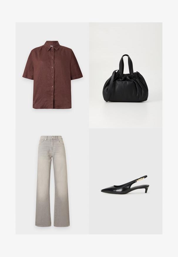 Camicetta marrone a maniche corte, con bottoni, realizzata in tessuto leggero. Presenta un colletto e un'orlo dritto con una vestibilità rilassata.; Jeans grigi larghi con finitura sbiadita, chiusura con bottone, design a cinque tasche e cuciture decorative lungo le cuciture.; Tacchi slingback in pelle nera con punta affusolata, caratterizzati da un tacco alto e un accento dorato sulla cinghia regolabile. Texture liscia.; Borsa a tracolla in pelle nera con design a cima arricciata, dotata di due manici corti e di una lunga tracolla regolabile. Texture liscia, forma arrotondata.