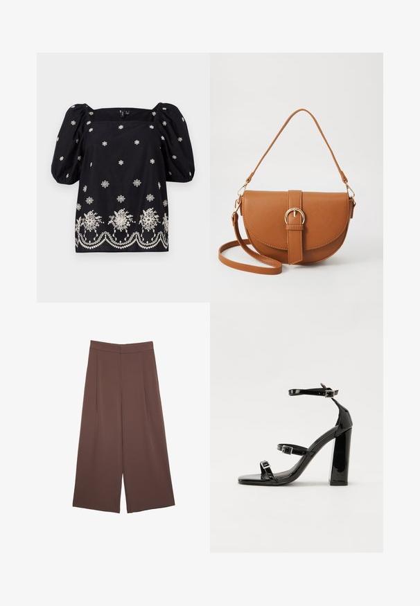 Blusa nera a taglio ampio con maniche a sbuffo. Presenta ricami floreali bianchi e una rifinitura decorativa lungo il fondo. Scollatura quadrata.; Pantaloni ampi marroni con una texture liscia, caratterizzati da una vita alta e pieghe frontali. Il tessuto è leggero e scorre liberamente.; Sandali con tacco in vernice nera, con punta squadrata, cinturini alla caviglia e fibbie in argento. Presentano un tacco a blocco spesso per maggiore stabilità.; Borsa a tracolla in pelle marrone con forma curvata, hardware dorato e un dettaglio con fibbia. Presenta una tracolla rimovibile.