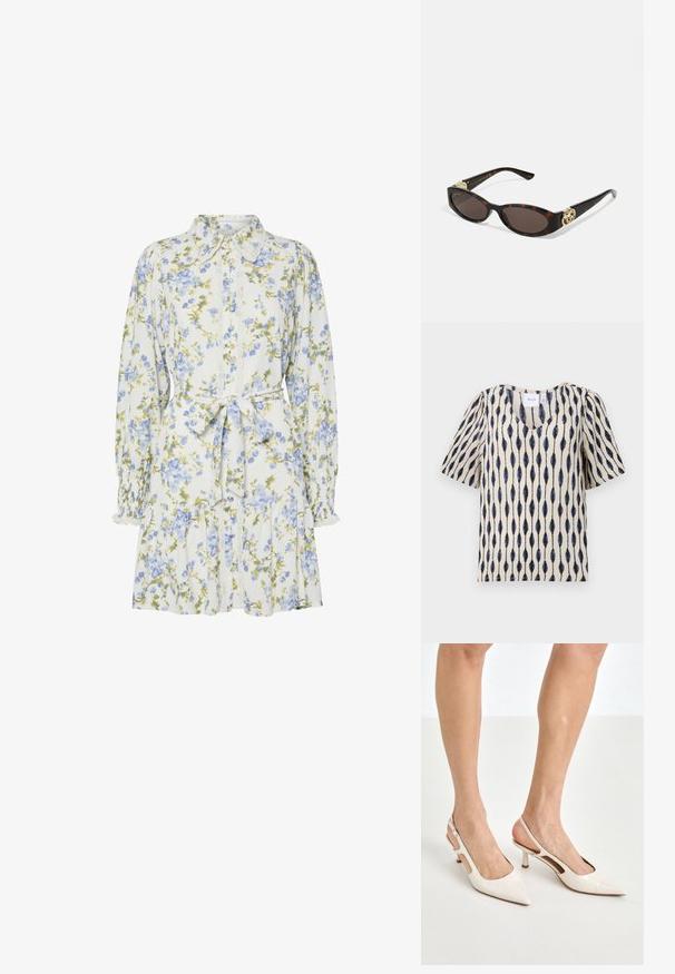 Top corto a maniche corte color crema con scollatura a V, caratterizzato da un distintivo motivo a foglia allungato in navy e nero su tutta la superficie.; Vestito floreale bianco con fiori blu e verdi, caratterizzato da un colletto, apertura frontale con bottoni, maniche lunghe con polsini elastici e una cintura in vita.; Tacchi slingback in pelle lucida beige con punta affusolata e tacco di 5 cm, caratterizzati da lati traforati e una sottile fascia alla caviglia.; Occhiali da sole tartarugati con lenti ovali allungate, tonalità marrone, accenti dorati con logo sulle tempie e aste nere eleganti.; Borsa a tracolla beige con un motivo stampato, forma curvata, dettagli in pelle e un logo dorato sul davanti. Presenta una maniglia corta per un facile trasporto.; Collana di perle e cristalli con un design rotondo a perline in tonalità tenui, caratterizzata da perle alternate e accenti scintillanti, indossata attorno al collo.