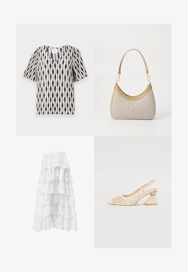 Top corto a maniche corte color crema con scollatura a V, caratterizzato da un distintivo motivo a foglia allungato in navy e nero su tutta la superficie.; Gonna di pizzo bianca con un design a strati e bordi scallop. Il materiale presenta un motivo floreale e una texture che creano un aspetto stratificato.; Scarpa slingback beige con tomaia perforata, punta affilata e un tacco triangolare a contrasto con un accento dorato. Texture liscia nel complesso.; Borsa a tracolla beige con un motivo stampato, forma curvata, dettagli in pelle e un logo dorato sul davanti. Presenta una maniglia corta per un facile trasporto.; Lauren Ralph Lauren COLLAR - Collana - gold-coloured/white