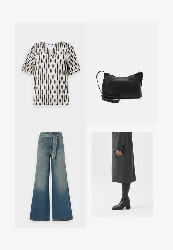 Top corto a maniche corte color crema con scollatura a V, caratterizzato da un distintivo motivo a foglia allungato in navy e nero su tutta la superficie.; Pantaloni in denim a gamba larga con una sfumatura che va dal blu chiaro al blu scuro, vita alta, passanti per cintura e una cintura in tessuto coordinato. Finitura in denim strutturato.; Cappotto grigio su misura con taglio dritto; abbinato a stivali in pelle nera al ginocchio con punta quadrata e tacco grosso.; Borsa a spalla in pelle nera con una texture liscia, forma curva, tracolla regolabile e chiusura con zip. Design minimalista senza ornamenti.
