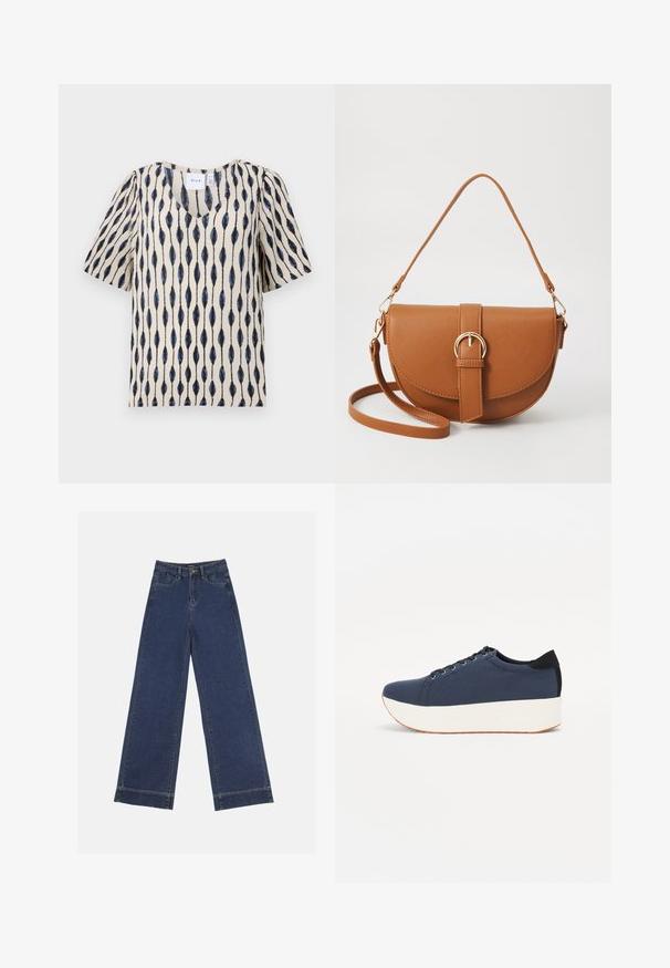 Top corto de manga corta en color crema con escote en V, que presenta un distintivo patrón de hojas alargadas en negro y azul marino en toda la tela.; Jeans de pierna ancha en denim azul oscuro. Presenta cinco bolsillos, trabillas para cinturón y un dobladillo sin acabados en la parte inferior con detalles de costura visibles.; Zapatilla de color azul marino con parte superior de tejido texturizado, suela de plataforma blanca, punta redondeada y acento en el talón negro. Cuenta con seis ojales para los cordones.; Bolso bandolera de cuero marrón con forma curvada, herrajes dorados y un acento de hebilla. Incluye una correa de hombro desmontable.
