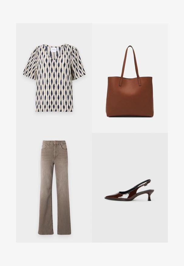 Cream short-sleeve top with a V-neck, featuring a distinctive navy and black elongated leaf pattern across the fabric.; Brown high-waist straight-leg jeans with front button, belt loops, and classic five-pocket design on a white background.; Brown patent leather slingback shoe with a pointed toe and a moderate heel. Features a buckle strap for secure fit. Smooth texture.; Brown leather tote bag with a smooth texture, open top design, and two shoulder straps. Features minimal stitching and no visible hardware.