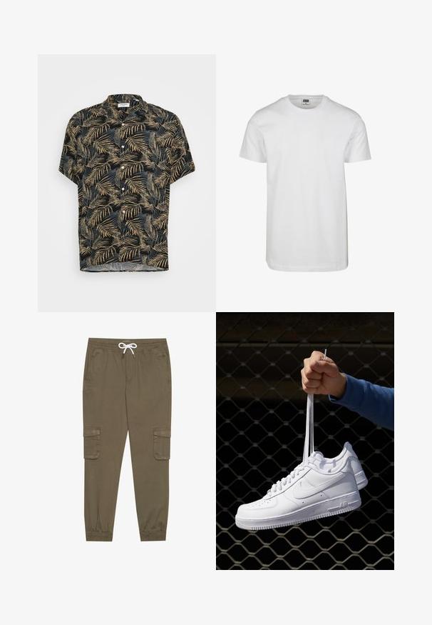 Félhosszú ujjú fekete ing pálmalevél mintával arany és világosszürke színben. Különleges gallérral és elöl gombos záródással rendelkezik.; Fehér pamut póló kerek nyakkivágással, rövid ujjakkal és laza szabással. Címke: "URBAN CLASSICS". Sima текстúrájú, minta vagy díszítés nélkül.; Kaki cargo nadrág, rugalmas derékkal és húzózsinórral, oldalsó zsebekkel és szűkített bokákkal. Texturált, könnyű anyagból készült.; Fehér bőr sportcipők perforációval, kerek orral, lapos talppal és vastag fűzőkkel, látható swoosh logóval és "AIR" felirattal a sarokrészen.