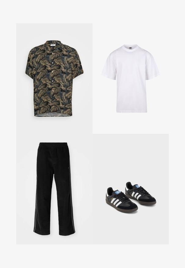 Camisa de manga corta negra con un estampado de hojas de palma en dorado y gris claro. Presenta un cuello y cierres de botón en la parte frontal.; Camiseta blanca de algodón con cuello redondo, mangas cortas y un corte relajado. Presenta un diseño liso sin patrones ni detalles.; Pantalones de pana negros con un ajuste relajado, que cuentan con una cintura elástica y rayas laterales. Textura suave con detalle de estrías verticales.; Zapatillas negras con un upper de ante y sintético, con tres rayas blancas, suela de goma texturizada y etiqueta de logo azul en la lengüeta.